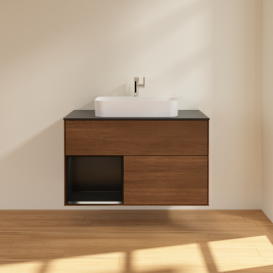 Тумба под раковину Villeroy & Boch Finion 100х50,1 см с подсветкой МДФ шпон грецкого ореха/стекло черное матовое F362PDGN