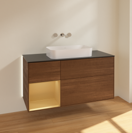 Тумба под раковину Villeroy & Boch Finion 120х50,1 см с подсветкой МДФ шпон грецкого ореха/стекло черное матовое G702HFGN