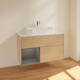 Тумба под раковину Villeroy & Boch Finion 100х50,1 см с подсветкой МДФ шпон дуба/стекло белое матовое F361GKPC