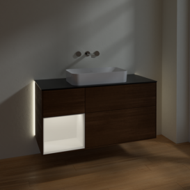 Тумба под раковину Villeroy & Boch Finion 120х50,1 см с подсветкой МДФ шпон грецкого ореха/стекло черное матовое G702MTGN