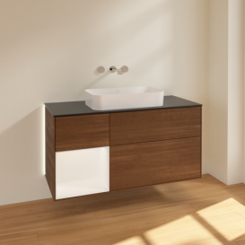 Тумба под раковину Villeroy & Boch Finion 120х50,1 см с подсветкой МДФ шпон грецкого ореха/стекло черное матовое G702MTGN