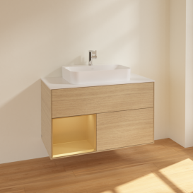 Тумба под раковину Villeroy & Boch Finion 100х50,1 см с подсветкой МДФ шпон дуба/стекло белое матовое F361HFPC