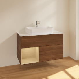 Тумба под раковину Villeroy & Boch Finion 100х50,1 см с подсветкой МДФ шпон грецкого ореха/стекло белое матовое F361PCGN