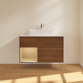 Тумба под раковину Villeroy & Boch Finion 100х50,1 см с подсветкой МДФ шпон грецкого ореха/стекло белое матовое F361PCGN