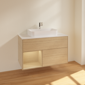 Тумба под раковину Villeroy & Boch Finion 100х50,1 см с подсветкой МДФ шпон дуба/стекло белое матовое F361PCPC