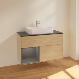 Тумба под раковину Villeroy & Boch Finion 100х50,1 см с подсветкой МДФ шпон дуба/стекло черное матовое F362GKPC