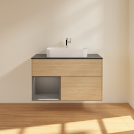 Тумба под раковину Villeroy & Boch Finion 100х50,1 см с подсветкой МДФ шпон дуба/стекло черное матовое F362GKPC