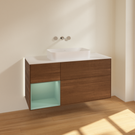 Тумба под раковину Villeroy & Boch Finion 120х50,1 см с подсветкой МДФ шпон грецкого ореха/стекло белое матовое G701GMGN