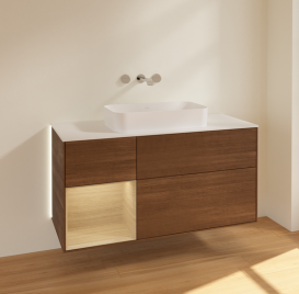 Тумба под раковину Villeroy & Boch Finion 120х50,1 см с подсветкой МДФ шпон грецкого ореха/стекло белое матовое G701PCGN