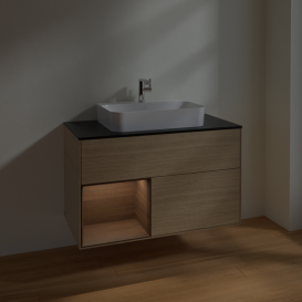 Тумба под раковину Villeroy & Boch Finion 100х50,1 см с подсветкой МДФ шпон дуба/стекло черное матовое F362GNPC