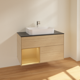 Тумба під раковину Villeroy & Boch Finion 100х50,1 см із підсвічуванням МДФ шпон дуба/скло чорне матове F362HFPC