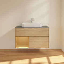 Тумба под раковину Villeroy & Boch Finion 100х50,1 см с подсветкой МДФ шпон дуба/стекло черное матовое F362HFPC