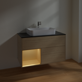 Тумба под раковину Villeroy & Boch Finion 100х50,1 см с подсветкой МДФ шпон дуба/стекло черное матовое F362HFPC