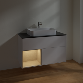 Тумба под раковину Villeroy & Boch Finion 100х50,1 см с подсветкой МДФ глянцевый белый лак/стекло черное матовое F362PCGF