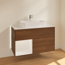 Тумба под раковину Villeroy & Boch Finion 100х50,1 см с подсветкой МДФ шпон грецкого ореха/стекло белое матовое G361GFGN