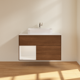 Тумба под раковину Villeroy & Boch Finion 100х50,1 см с подсветкой МДФ шпон грецкого ореха/стекло белое матовое G361GFGN