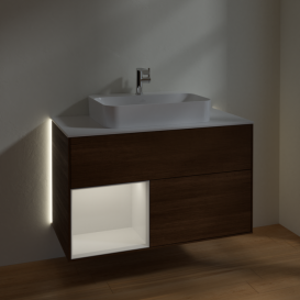 Тумба под раковину Villeroy & Boch Finion 100х50,1 см с подсветкой МДФ шпон грецкого ореха/стекло белое матовое G361GFGN