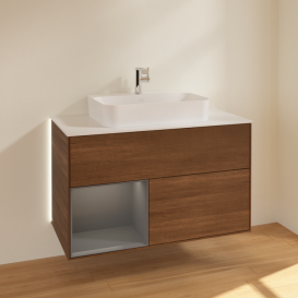 Тумба под раковину Villeroy & Boch Finion 100х50,1 см с подсветкой МДФ шпон грецкого ореха/стекло белое матовое G361GKGN