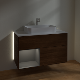 Тумба под раковину Villeroy & Boch Finion 100х50,1 см с подсветкой МДФ шпон грецкого ореха/стекло белое матовое G361GKGN