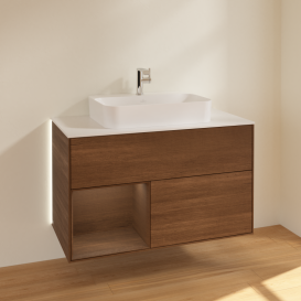 Тумба под раковину Villeroy & Boch Finion 100х50,1 см с подсветкой МДФ шпон грецкого ореха/стекло белое матовое G361GNGN