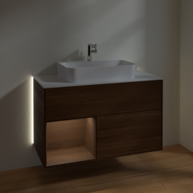 Тумба под раковину Villeroy & Boch Finion 100х50,1 см с подсветкой МДФ шпон грецкого ореха/стекло белое матовое G361GNGN