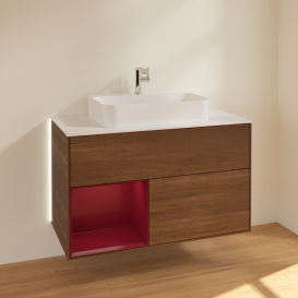 Тумба под раковину Villeroy & Boch Finion 100х50,1 см с подсветкой МДФ шпон грецкого ореха/стекло белое матовое G361HBGN