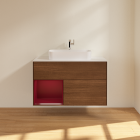 Тумба под раковину Villeroy & Boch Finion 100х50,1 см с подсветкой МДФ шпон грецкого ореха/стекло белое матовое G361HBGN