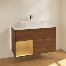 Тумба под раковину Villeroy & Boch Finion 100х50,1 см с подсветкой МДФ шпон грецкого ореха/стекло белое матовое G361HFGN