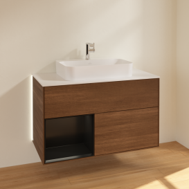 Тумба под раковину Villeroy & Boch Finion 100х50,1 см с подсветкой МДФ шпон грецкого ореха/стекло белое матовое G361PDGN