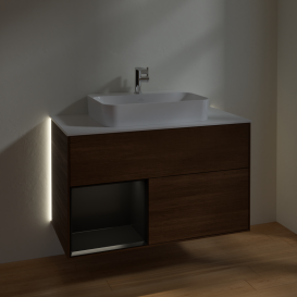 Тумба под раковину Villeroy & Boch Finion 100х50,1 см с подсветкой МДФ шпон грецкого ореха/стекло белое матовое G361PDGN