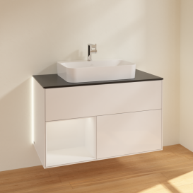 Тумба під раковину Villeroy & Boch Finion 100х50,1 см з підсвічуванням МДФ білий глянцевий лак/скло чорне матове G362GFGF