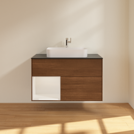 Тумба под раковину Villeroy & Boch Finion 100х50,1 см с подсветкой МДФ шпон грецкого ореха/стекло черное матовое G362GFGN