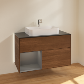 Тумба под раковину Villeroy & Boch Finion 100х50,1 см с подсветкой МДФ шпон грецкого ореха/стекло черное матовое G362GKGN