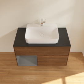 Тумба под раковину Villeroy & Boch Finion 100х50,1 см с подсветкой МДФ шпон грецкого ореха/стекло черное матовое G362GKGN