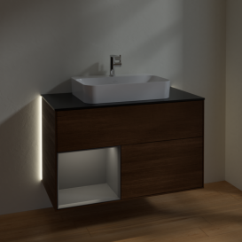 Тумба под раковину Villeroy & Boch Finion 100х50,1 см с подсветкой МДФ шпон грецкого ореха/стекло черное матовое G362GKGN