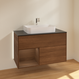 Тумба под раковину Villeroy & Boch Finion 100х50,1 см с подсветкой МДФ шпон грецкого ореха/стекло черное матовое G362GNGN