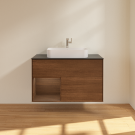 Тумба под раковину Villeroy & Boch Finion 100х50,1 см с подсветкой МДФ шпон грецкого ореха/стекло черное матовое G362GNGN