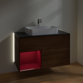 Тумба под раковину Villeroy & Boch Finion 100х50,1 см с подсветкой МДФ шпон грецкого ореха/стекло черное матовое G362HBGN