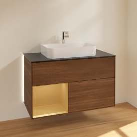 Тумба под раковину Villeroy & Boch Finion 100х50,1 см с подсветкой МДФ шпон грецкого ореха/стекло черное матовое G362HFGN