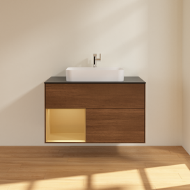 Тумба под раковину Villeroy & Boch Finion 100х50,1 см с подсветкой МДФ шпон грецкого ореха/стекло черное матовое G362HFGN