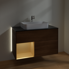 Тумба под раковину Villeroy & Boch Finion 100х50,1 см с подсветкой МДФ шпон грецкого ореха/стекло черное матовое G362HFGN