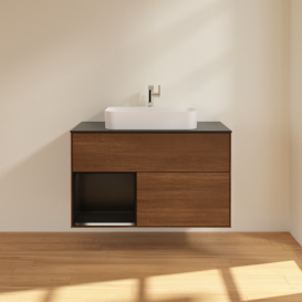 Тумба под раковину Villeroy & Boch Finion 100х50,1 см с подсветкой МДФ шпон грецкого ореха/стекло черное матовое G362PDGN