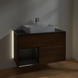 Тумба под раковину Villeroy & Boch Finion 100х50,1 см с подсветкой МДФ шпон грецкого ореха/стекло черное матовое G362PDGN