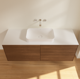  	Тумба под раковину Villeroy & Boch Finion 160х50,1 см с подсветкой МДФ шпон грецкого ореха/стекло белое матовое G73100GN