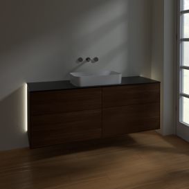 Тумба под раковину Villeroy & Boch Finion 160х50,1 см с подсветкой МДФ шпон грецкого ореха/стекло черное матовое G73200GN