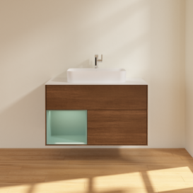 Тумба под раковину Villeroy & Boch Finion 100х50,1 см с подсветкой МДФ шпон грецкого ореха/стекло белое матовое G361GMGN