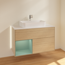 Тумба под раковину Villeroy & Boch Finion 100х50,1 см с подсветкой МДФ шпон дуба/стекло белое матовое G361GMPC