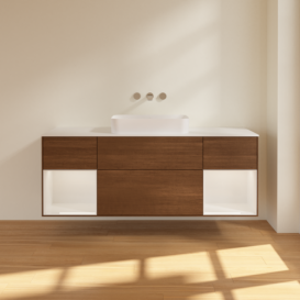 Тумба под раковину Villeroy & Boch Finion 160х50,1 см с подсветкой МДФ шпон грецкого ореха/стекло белое матовое F741GFGN