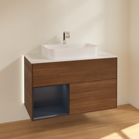 Тумба под раковину Villeroy & Boch Finion 100х50,1 см с подсветкой МДФ шпон грецкого ореха/стекло белое матовое G361HGGN