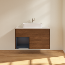 Тумба под раковину Villeroy & Boch Finion 100х50,1 см с подсветкой МДФ шпон грецкого ореха/стекло белое матовое G361HGGN